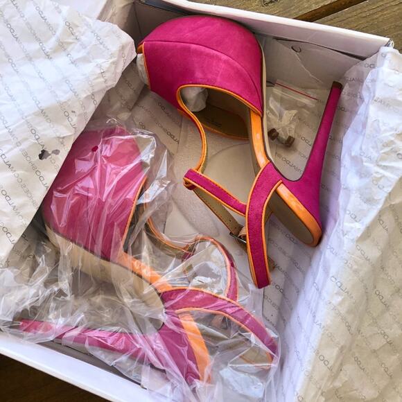 ALDO Detamble Hot Pink & Orange Trim T-Strap Wrapped Platform Peep Toe Heel - Picture 4 of 4